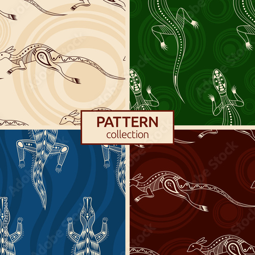 Set of four seamless fashion colorful australian animals patterns. Australian art. Aboriginal painting style, aboriginal ornament.