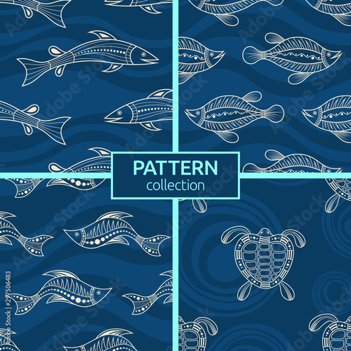 Set of four seamless fashion colorful fish patterns. Australian art. Aboriginal painting style, aboriginal ornament.