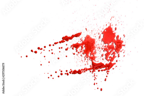 closeup drops of red blood isolated on white, abstract background