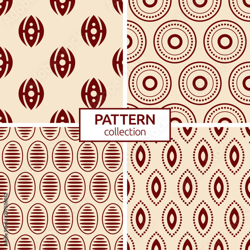 Set of four abstract seamless geometric patterns of regularly repeating geometric shapes.