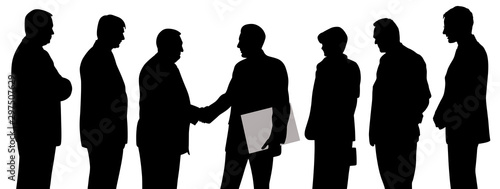 Business people group at a meeting with two businessmen shaking hands and one of them holding folder with contract