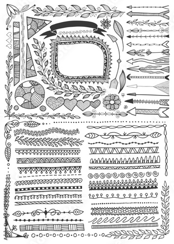 set of doodle floral hand drawn border and frame, page divider and arrows
