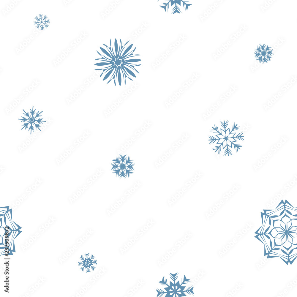 Merry Christmas and Happy New Year holiday seamless pattern with blue snowflakes isolated on white background. Abstract winter texture for your holiday design. Vector snow illustration Merry Christmas and Happy New Year holiday seamless pattern with blue snowflakes isolated on white background. Abstract winter texture for your holiday design. Vector snow illustration