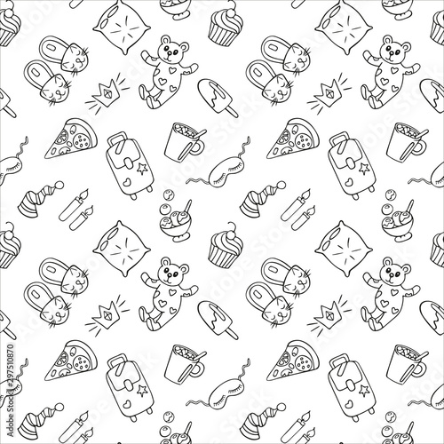 Seamless pattern of objects for pajama, sleepover or slumber party in doodle style. Hand drawn black outline isolated on a white background. For your design. Vector illustration