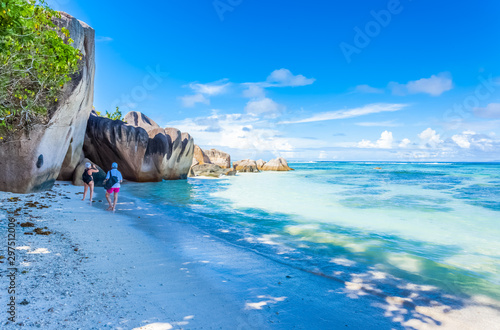 view of the beach with blue sky and clouds, Seychelles 