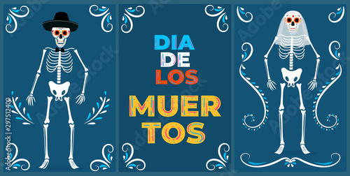 Day of the dead party. Dea de los muertos banner. Painted skeletons bride and groom
