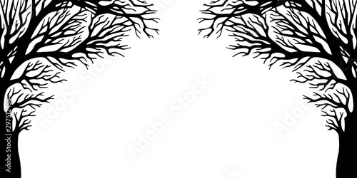 Vector illustration with spooky, bare, black trees isolated on white background. Halloween design with place for your text.