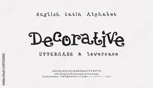 Decorative cartoon vector alphabet. Funny curly font, uppercase and lowercase letters, numbers, signs. Cute serif typeface for Christmas, kids design