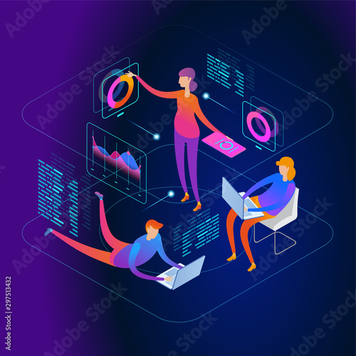 People interacting with graphs and papers. Workflow and business management. 3D vector isometric illustration.