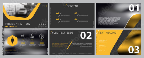 Business presentation template, yellow and black infographic elements on black  background. design hexagons, car in the city.Vector slide, presentation of business projects and marketing diagram repor