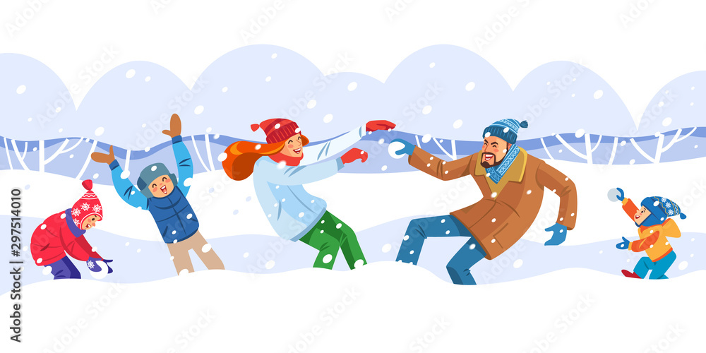 Obraz premium Family, winter games. Concept of friendly family and Motherhood child-rearing playing walking with kids having fun and playing with snow in winter forest. Cartoon isolated vector illustration.