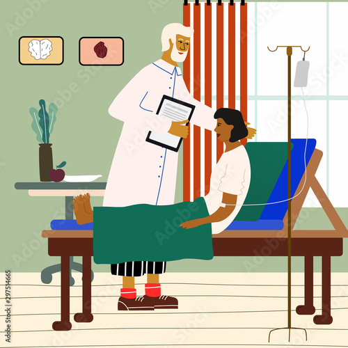 Doctor and patient medical concept. Doctor visiting, consulting and examining a woman at the hospital. Trendy colorful vector illustration in flat cartoon style.