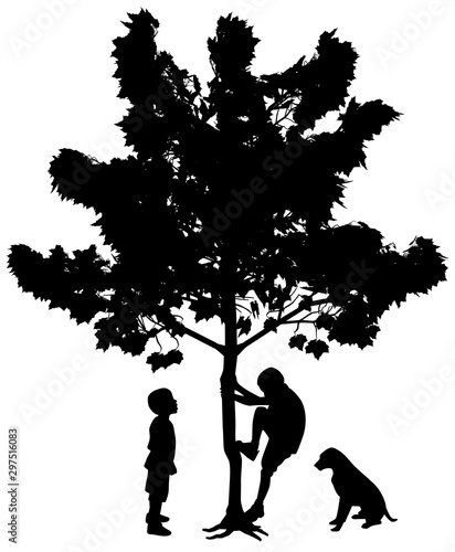 Two best friends, little boys with dog. One boy is climbing up a tree while another boy is standing and looking with wow face expression at his friend climber.