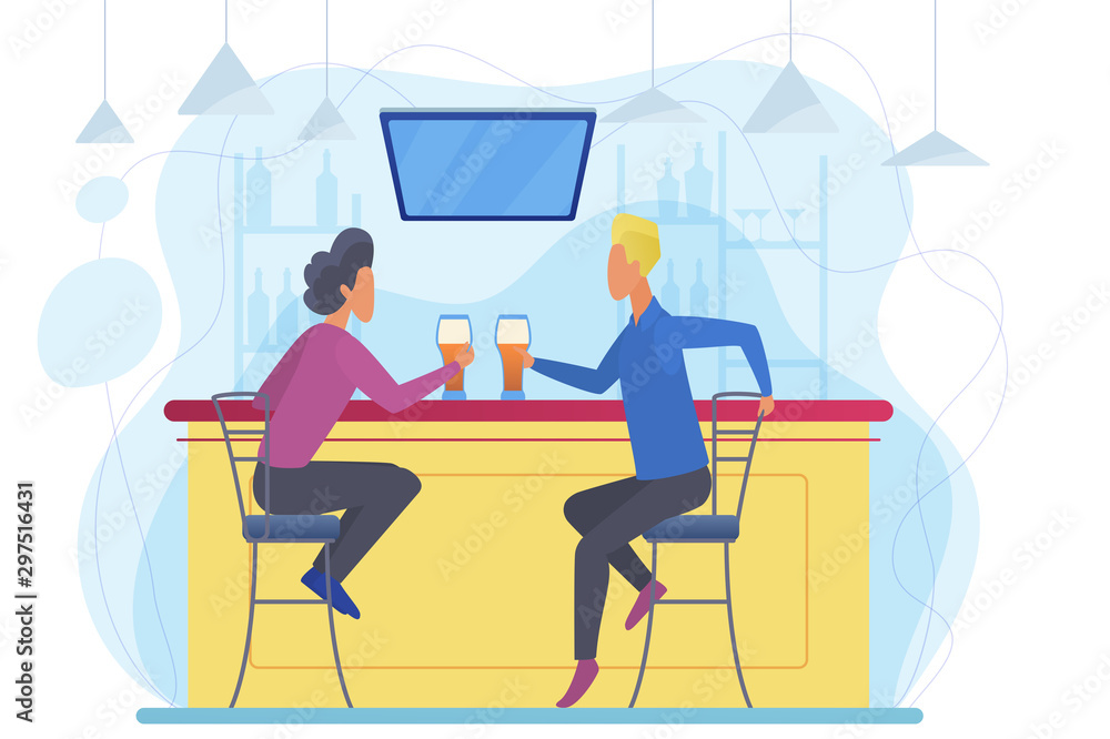 Guys drinking beer flat vector illustration. Young men sitting in bar cartoon characters. Tavern customers enjoying alcohol beverage. Friends communication, meeting in pub, recreational activity
