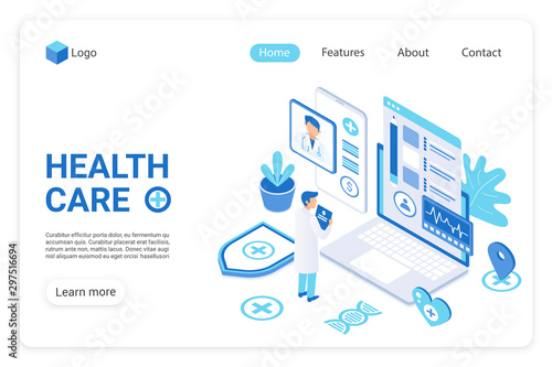 Health care landing page vector template. Diagnostics clinic, hospital website homepage UI layout with isometric illustration. Healthcare industry, medical service web banner, webpage 3D concept