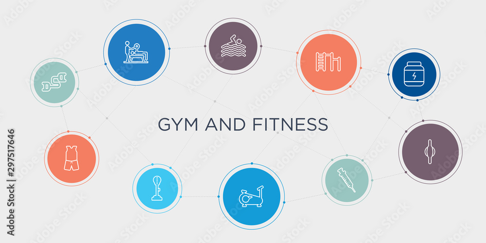 gym and fitness 10 stroke points round design. sport expander, sport wear, standing punching ball, stationary bike round concept icons.. gym and fitness 10 stroke points round design. sport expander, sport wear, standing punching ball, stationary bike round concept icons..