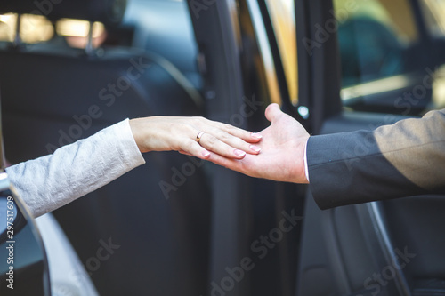 romantic couple holding hands. Lovers or newlywed married young couple in romance. wedding theme