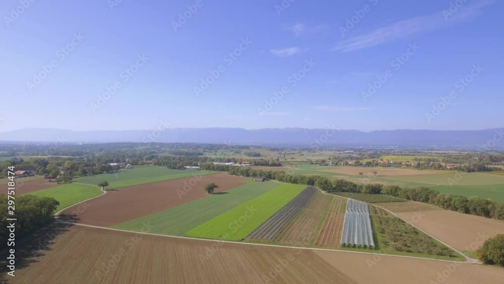 Drone aerial view over a Autumn forest in Switzerland. Close up of the forest canopy and surrounding patchwork crop fields and farmland. Drone aerial view over a Autumn forest in Switzerland. Close up of the forest canopy and surrounding patchwork crop fields and farmland.