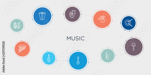 music 10 stroke points round design. clef, panpipe, cello, mandolin round concept icons..