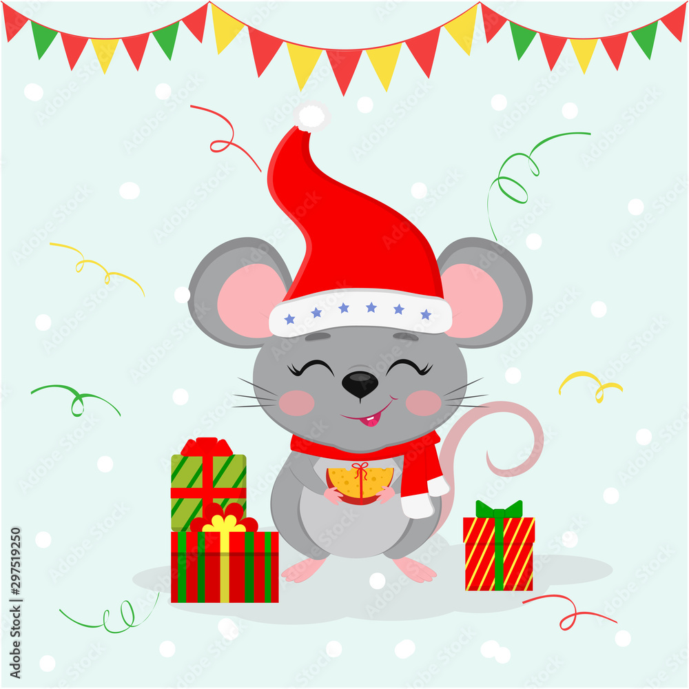 Happy New Year and Merry Christmas. Cute mouse, rat with eyes closed in a hat and a Santa scarf, holds a piece of cheese with a ribbon. Year of the Rat 2020. Cartoon, flat style, vector Happy New Year and Merry Christmas. Cute mouse, rat with eyes closed in a hat and a Santa scarf, holds a piece of cheese with a ribbon. Year of the Rat 2020. Cartoon, flat style, vector
