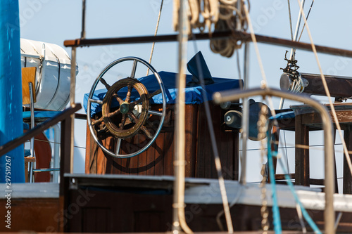 control wheel sailing yacht without people. depth of field blur