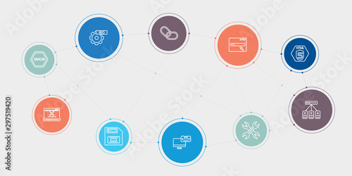 seo 10 stroke points round design. error, error 404, floppy disk, game development round concept icons..