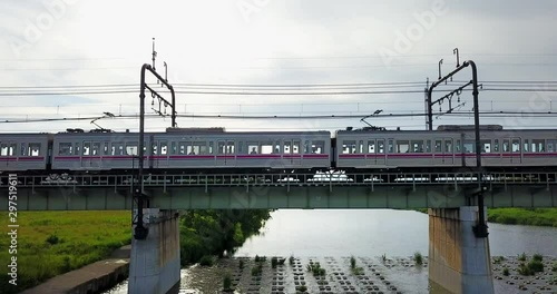 Japan,Tokyo,Tama,River,Seisekisakuragaoka,Train,Fuchu,Nakagawara,Drone,sky,Japanese,town