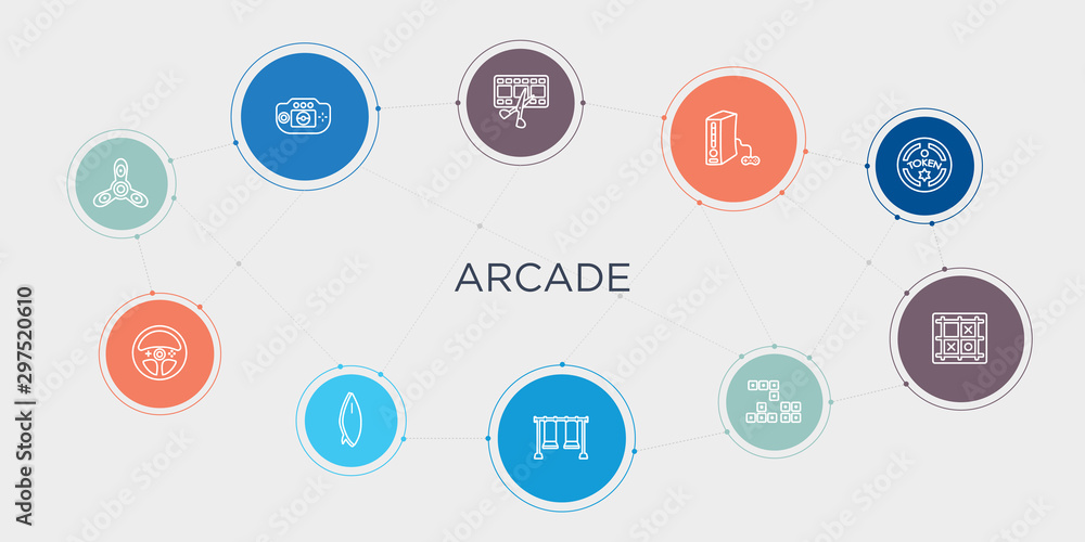 arcade 10 stroke points round design. spinner, steering wheel, surfboard, swing round concept icons.. arcade 10 stroke points round design. spinner, steering wheel, surfboard, swing round concept icons..
