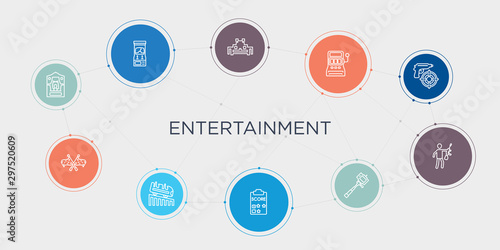 entertainment 10 stroke points round design. puppet show, racing, roller coaster, score round concept icons..