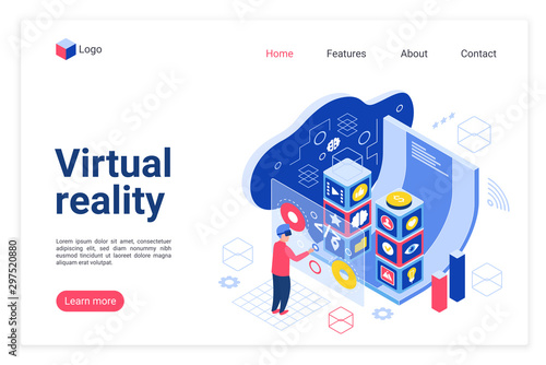 VR technology landing page vector template. Virtual reality devices website homepage interface layout with isometric illustration. Business and leisure innovation web banner, webpage cartoon concept