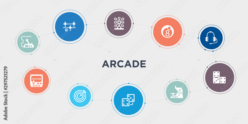 arcade 10 points circle design. controls, crystal, dart, dice round concept icons.. arcade 10 points circle design. controls, crystal, dart, dice round concept icons..