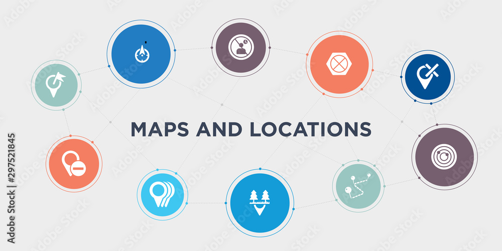 maps and locations 10 points circle design. map transports, marked place, minus location, motion round concept icons..