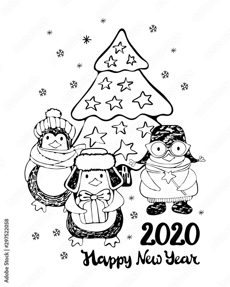 New year and Christmas greeting card. Cute cartoon penguins in winter clothes near the Christmas tree. Lettering happy new year. 2020. Hand-drawn black and white art line in vector. 