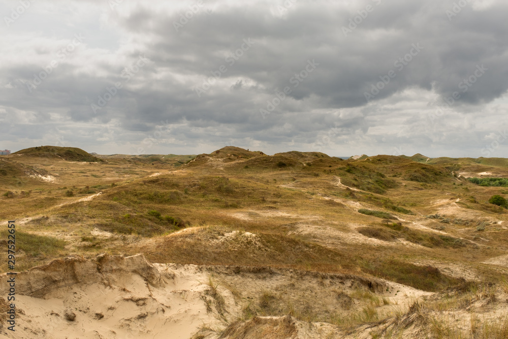 High point of view dune landscape with gray cloudy sky