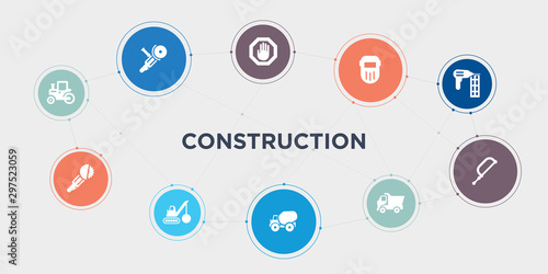 construction 10 points circle design. steamroller, circular saw, demolition, concrete round concept icons..