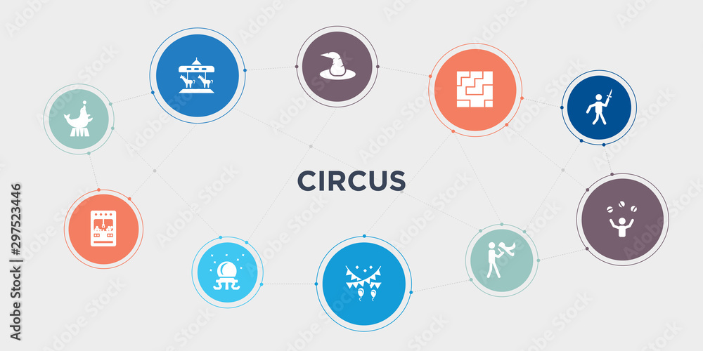 circus 10 points circle design. circus seal, claw machine, crystal ball, decoration round concept icons.. circus 10 points circle design. circus seal, claw machine, crystal ball, decoration round concept icons..
