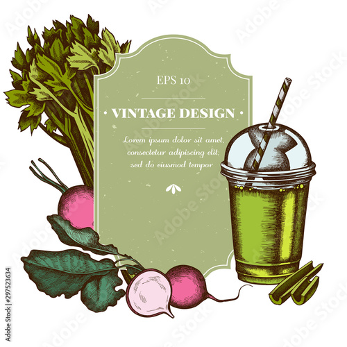 Badge design with colored beet, smoothie cup, celery