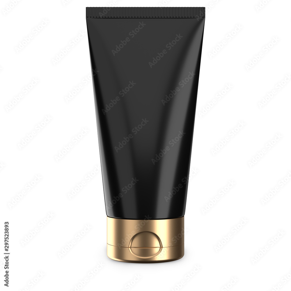 Black cream or lotion tube isolated on white. Plastic blank mockup container for gel, lotion.cosmetics etc. Gold cap Black cream or lotion tube isolated on white. Plastic blank mockup container for gel, lotion.cosmetics etc. Gold cap