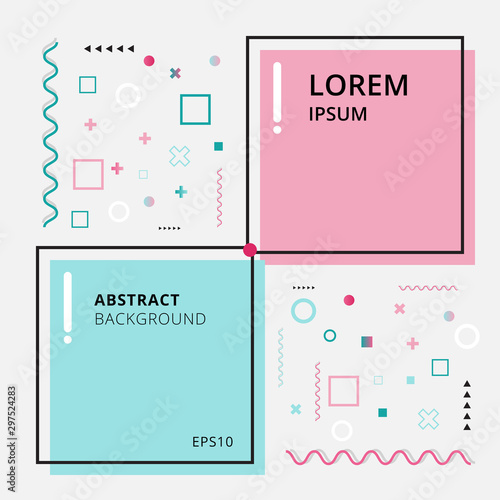 Abstract template minimal geometric pink and blue color with square frame on white background memphis style.