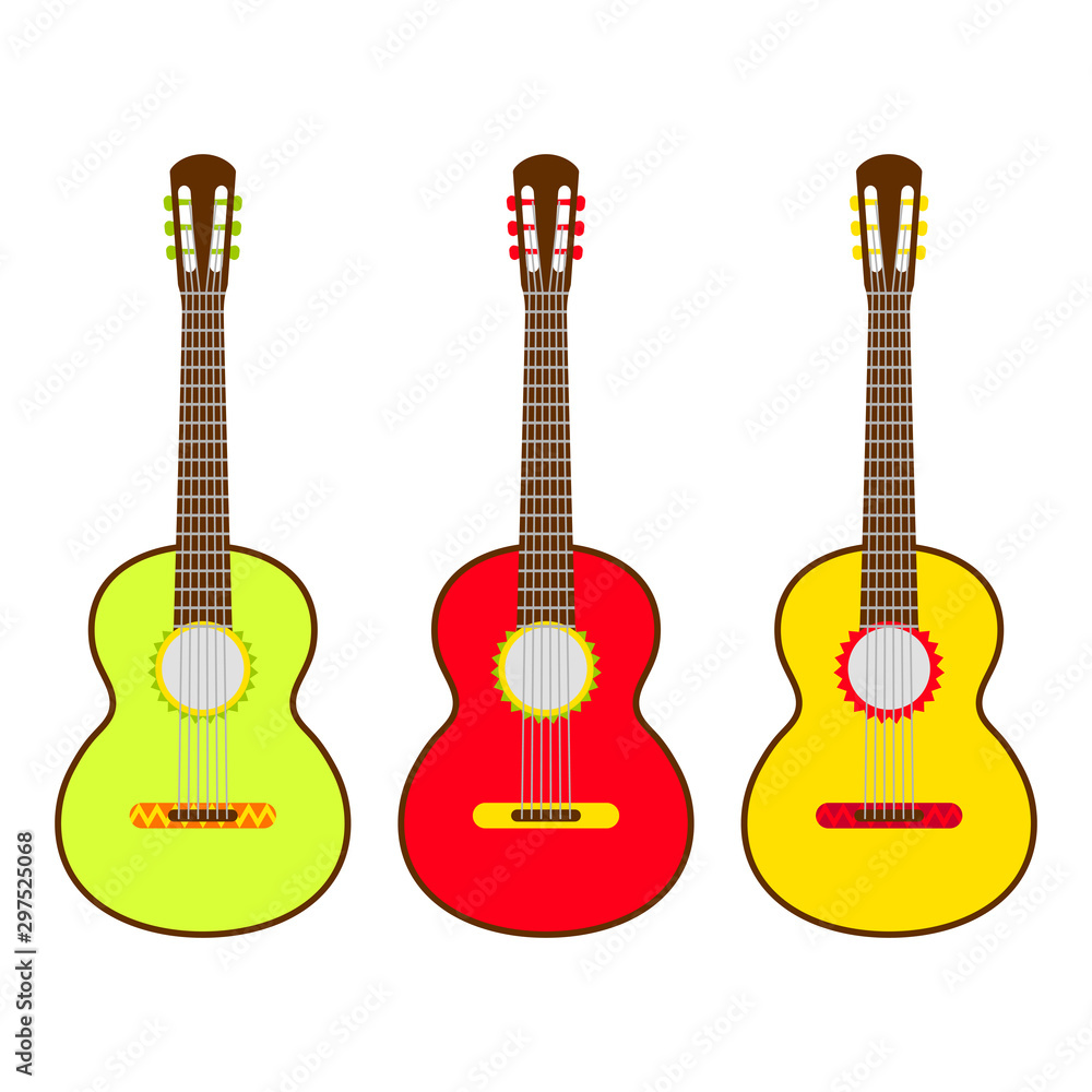 Obraz premium Three Yellow Mexican guitar set. Vector isolated illustration on white background. Music icons and melody template