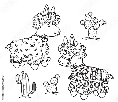 Vector baby llama cartoon and cactuses, black silhouette for coloring.