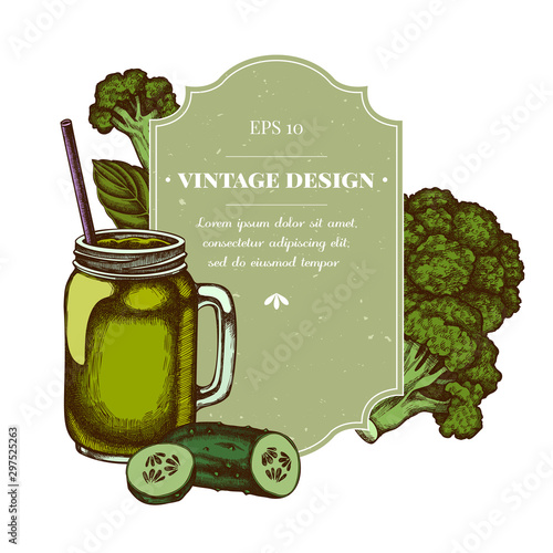 Badge design with colored broccoli, basil, smothie jars, cucumber