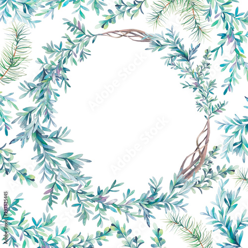 Watercolor winter floral card. Hand drawn wreath and tree branches composition isolated on white background. Natural vintage round frame design with fir eucalyptus leaves