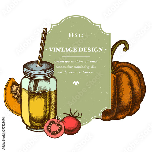 Badge design with colored cherry tomatoes, pumpkin, smothie jars