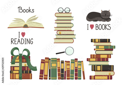Old books set. Stacks from old books and handwriting on white background. Education vector illustration. photo