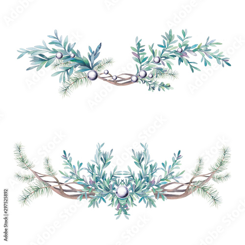 Watercolor floral decorative object set. Winter compositions with branches  leaves  pearl and tree elements isolated on white background. Border with plants collection