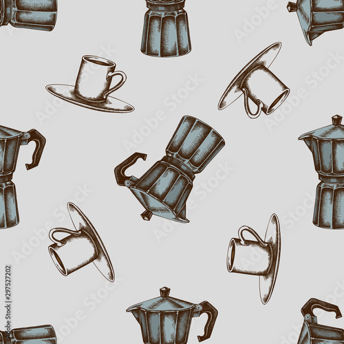 Seamless pattern with hand drawn colored espresso cup, coffee pot