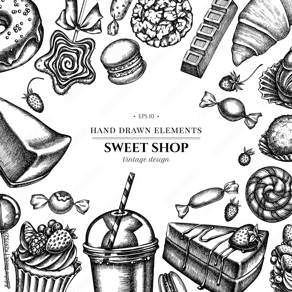 Floral design with black and white cinnamon, macaron, lollipop, bar, candies, oranges, buns and bread, croissants and bread, strawberry, milk boxes, smoothie cup, lollipop, smothie jars, cheesecake