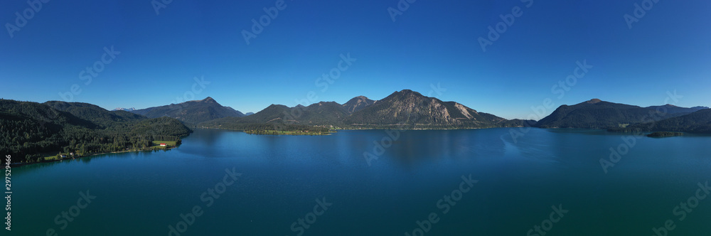 Aerial view. Beautiful panorama of lake Walchensee, Bavaria Germany. Flying on drone.