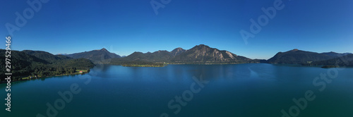 Aerial view. Beautiful panorama of lake Walchensee  Bavaria Germany. Flying on drone.
